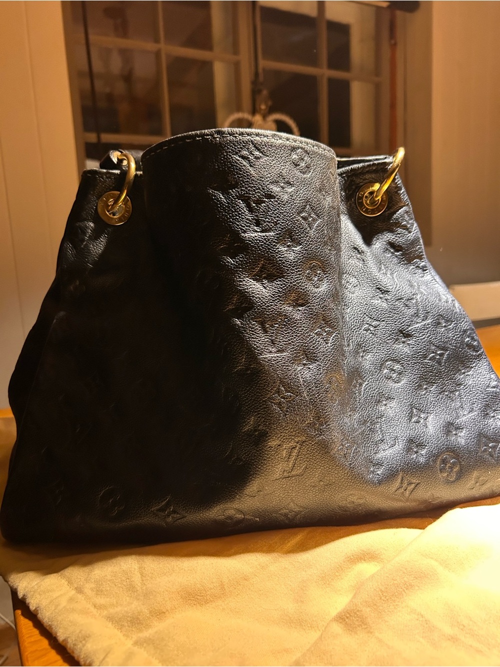 Louis Vuitton Black Embossed Leather Shoulder Bag with Gold-Tone Rings
